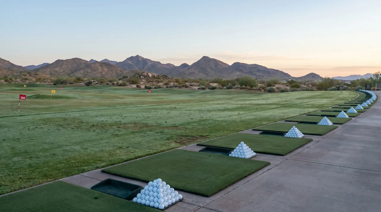 Row of empty outdoor practice tee mats with golf balls facing a desert driving range in morning light