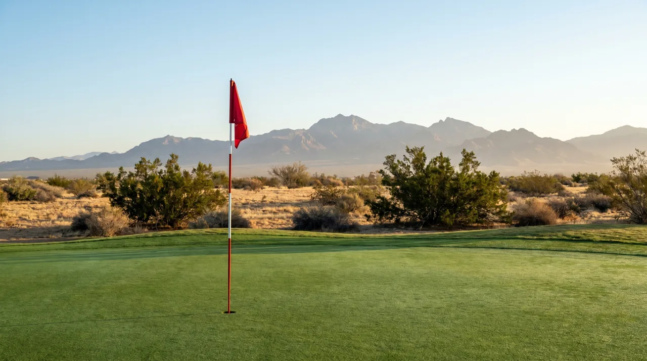 Red golf flag on an empty green with Las Vegas desert mountains in the background at morning