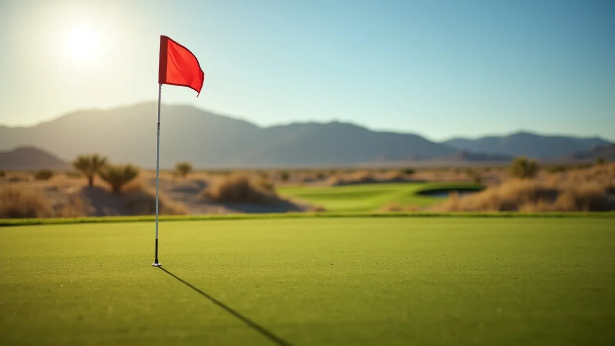 Golf flag on empty green in Las Vegas desert, wide view, afternoon