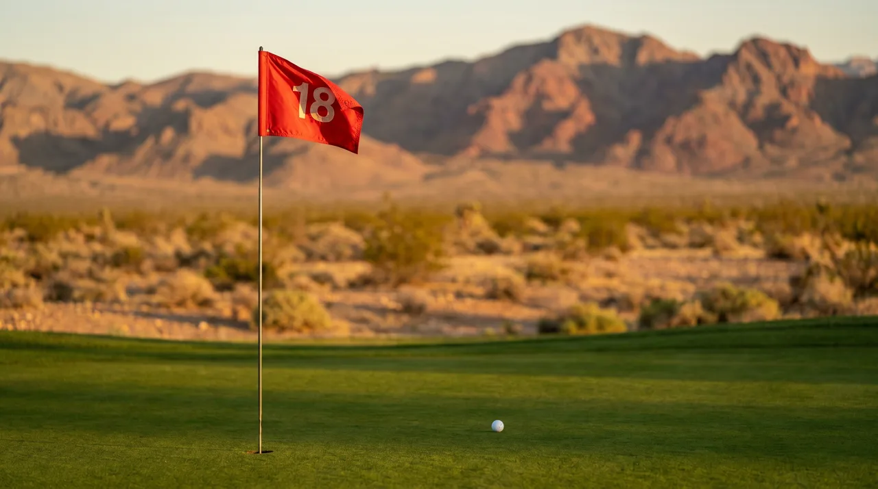 Close-up of a red golf flag on a manicured putting green with Las Vegas desert mountains in the background