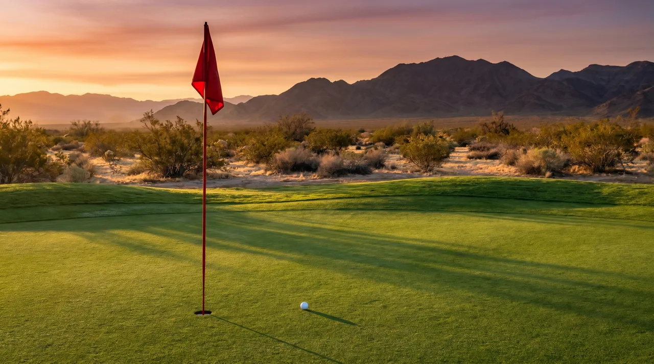 Single golf flag on a manicured green at sunset with desert landscape behind