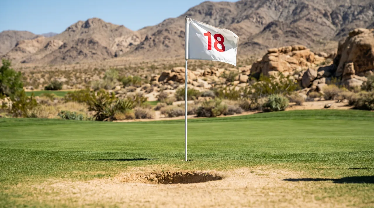 White golf flag and cup on a manicured green with desert mountains in the background
