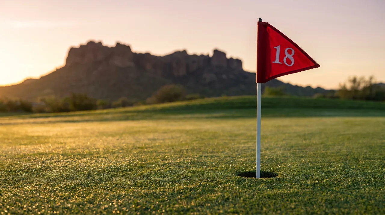 Red golf flag standing in a hole on a putting green at sunrise with desert mountains in the background