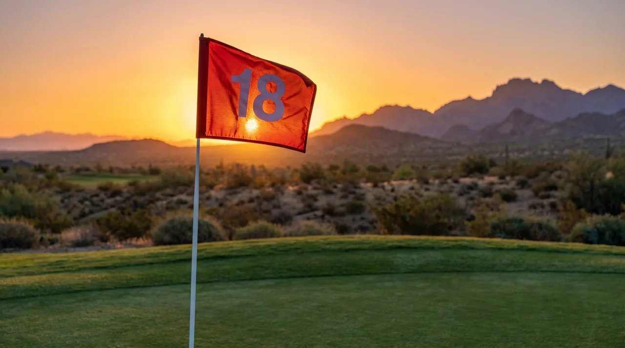 Tall red golf flag on a putting green at sunset in the Las Vegas desert