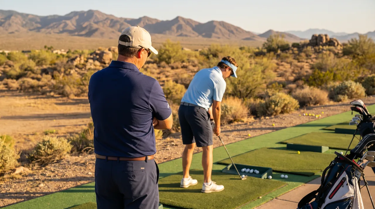Golf instructor coaching a student on an outdoor desert practice range near Las Vegas