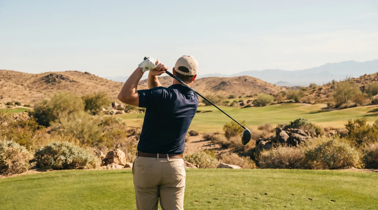 Golfer seen from behind taking a backswing on a quiet desert golf course fairway