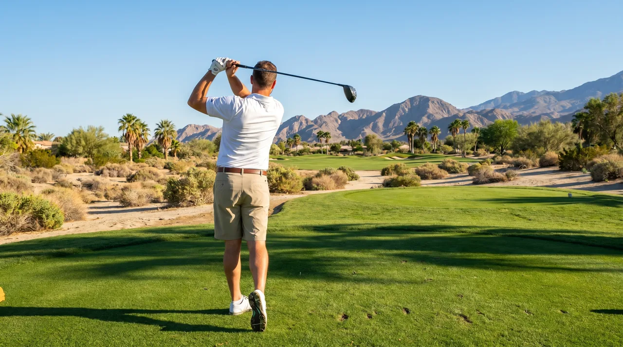 Golfer seen from behind swinging a club on a desert golf course fairway near Las Vegas in afternoon light