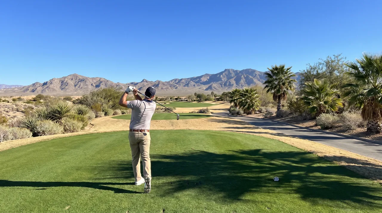 Golfer mid-swing on a Las Vegas desert golf course in bright afternoon light