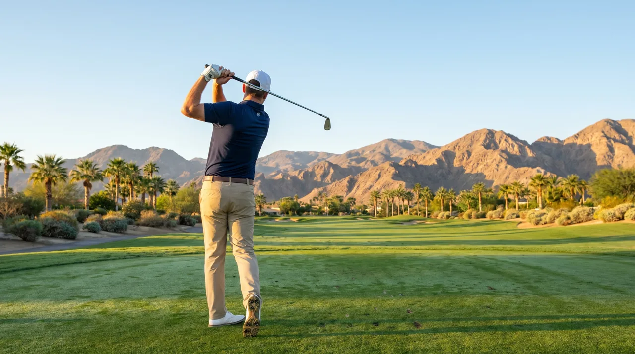 Golfer mid-swing on a desert golf course in Las Vegas with mountains in the background