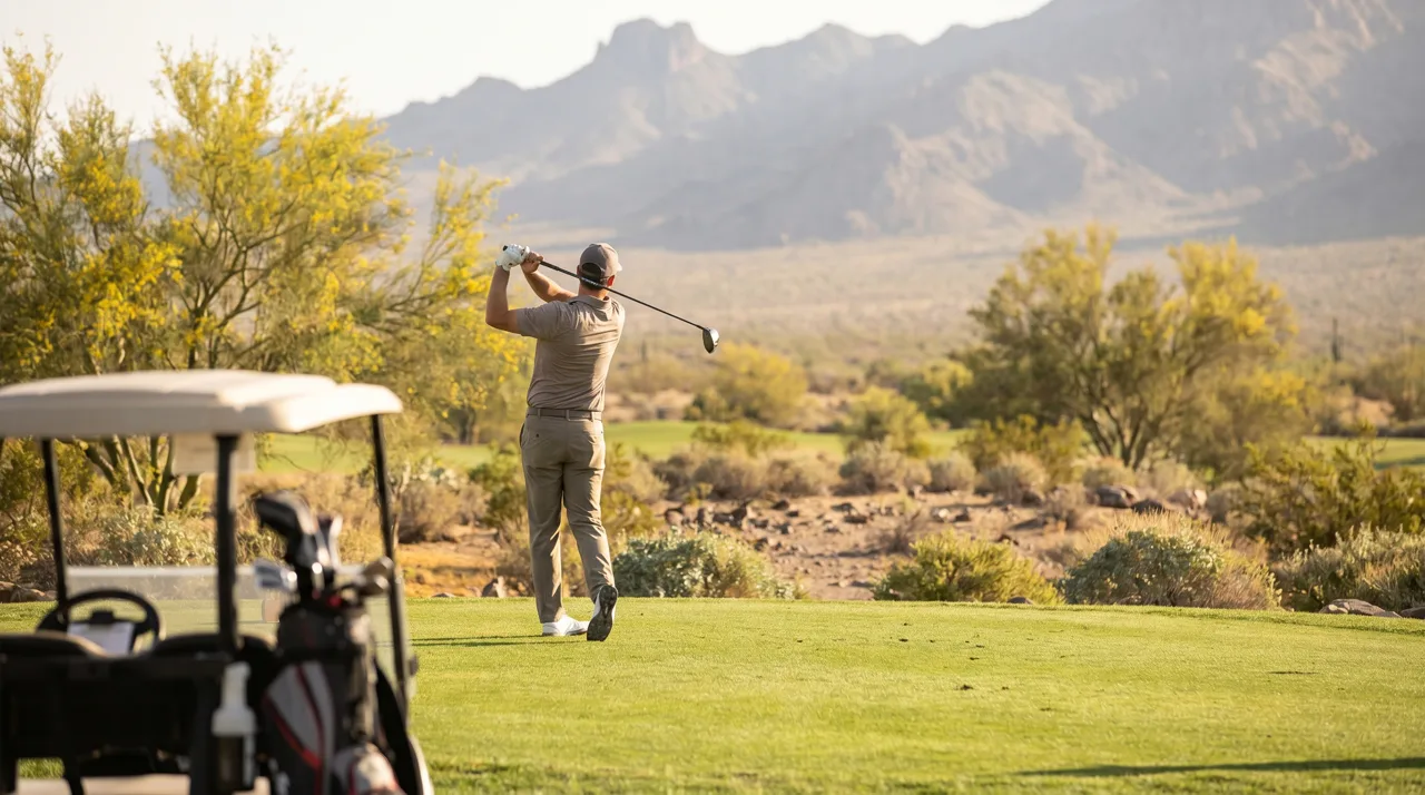 Golfer mid-swing seen from behind on a Las Vegas desert golf course in soft morning light