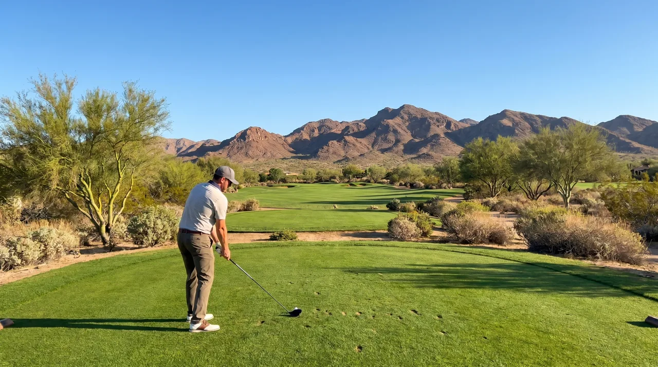 Golfer seen from behind preparing to swing a club on a desert golf course tee box on a clear afternoon