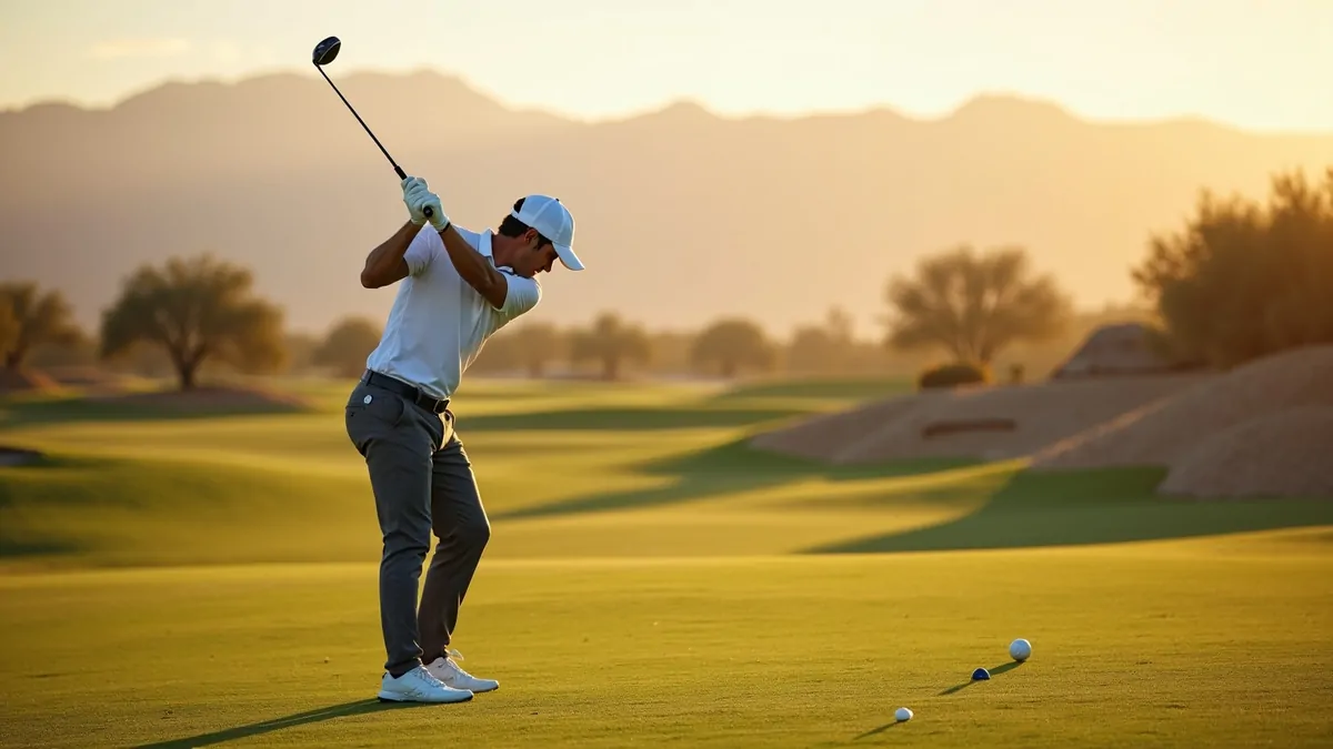 Golfer preparing to swing on desert golf course in afternoon