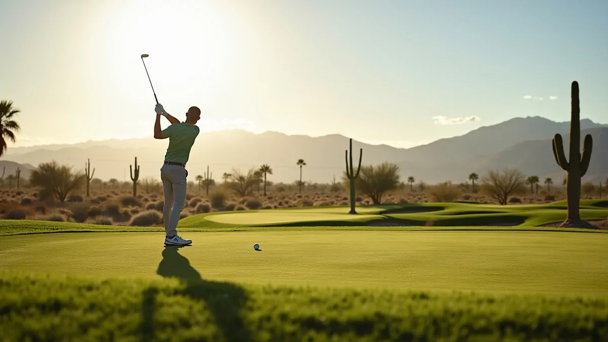 Golfer preparing to swing on a green fairway in Las Vegas desert landscape.