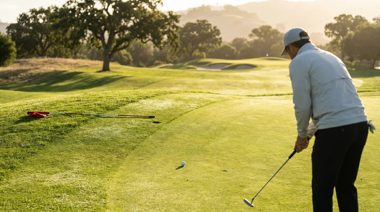 Close-up of a golfer putting on a manicured green with the ball rolling toward the hole