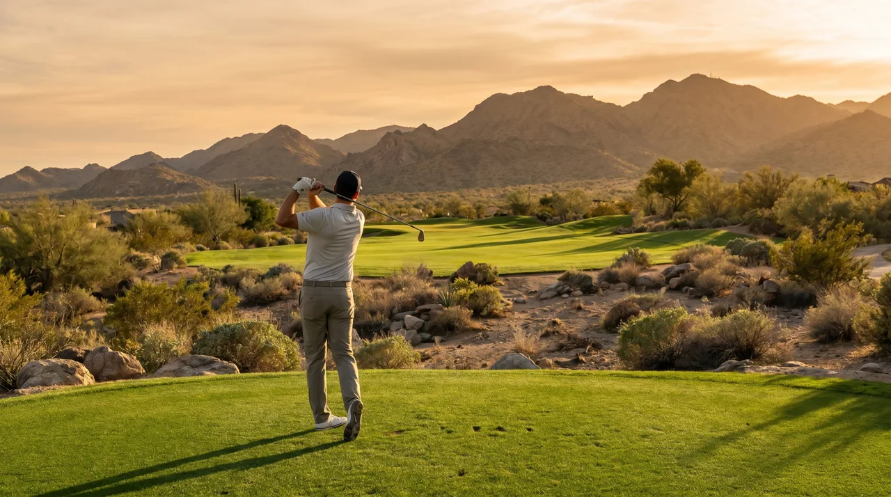 Golfer seen from behind completing a swing on a desert golf course in late afternoon light