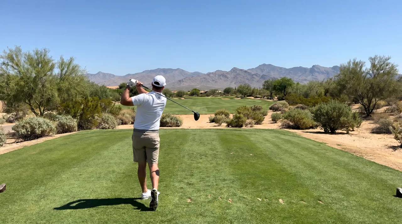 Golfer completing a swing on a desert golf course in Las Vegas