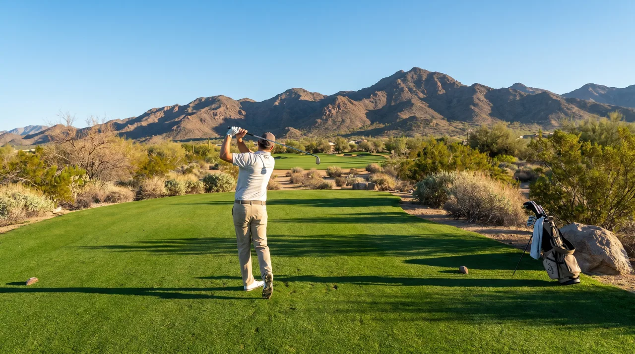 Golfer mid-swing on a desert golf course fairway with mountain backdrop in Las Vegas