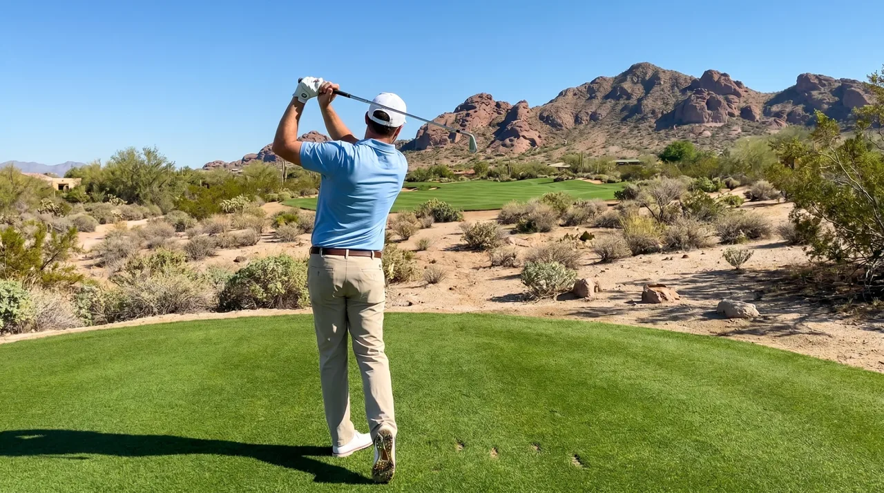 Golfer mid-swing on a desert golf course fairway near Las Vegas