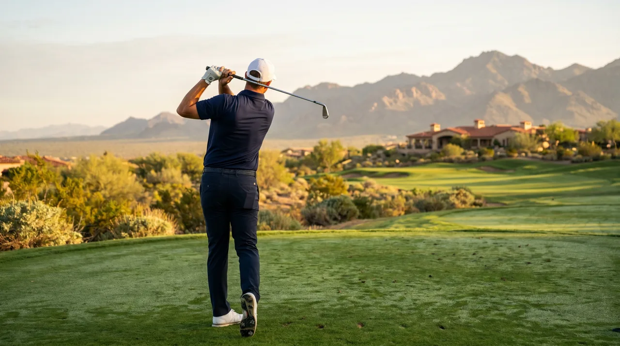 Single golfer seen from behind following through on a swing on a Las Vegas desert golf course