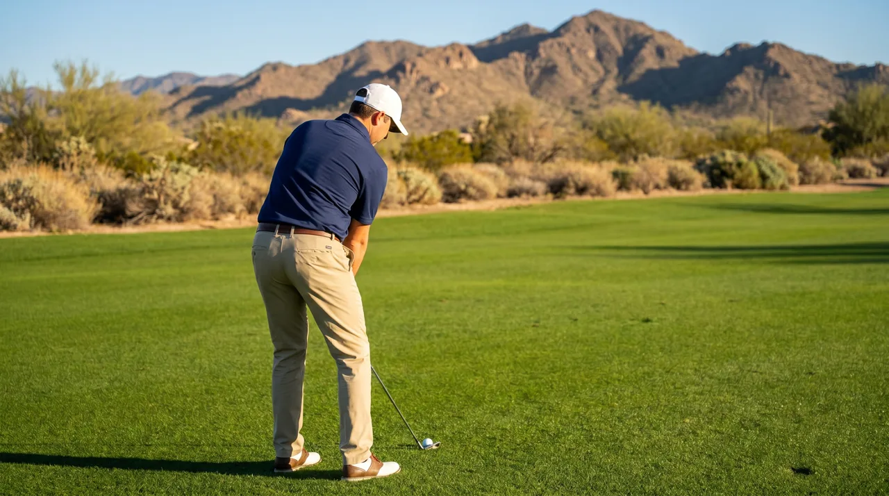 Golfer seen from behind preparing to swing on a green fairway with desert mountains in the background