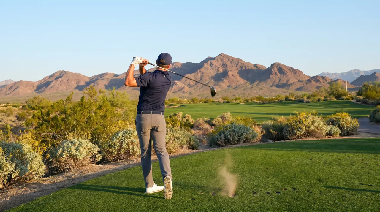Golfer mid-swing on a Las Vegas desert golf fairway in morning light