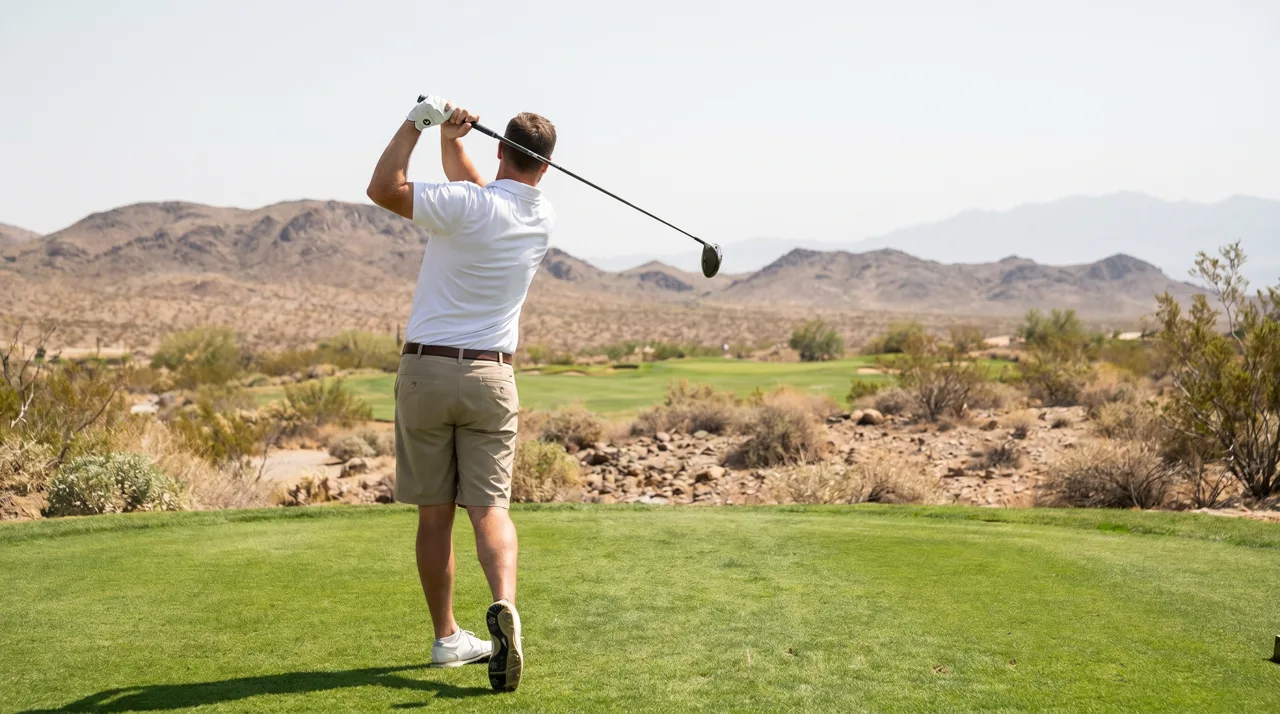 Golfer mid-swing on a Las Vegas desert golf course with mountains in the background
