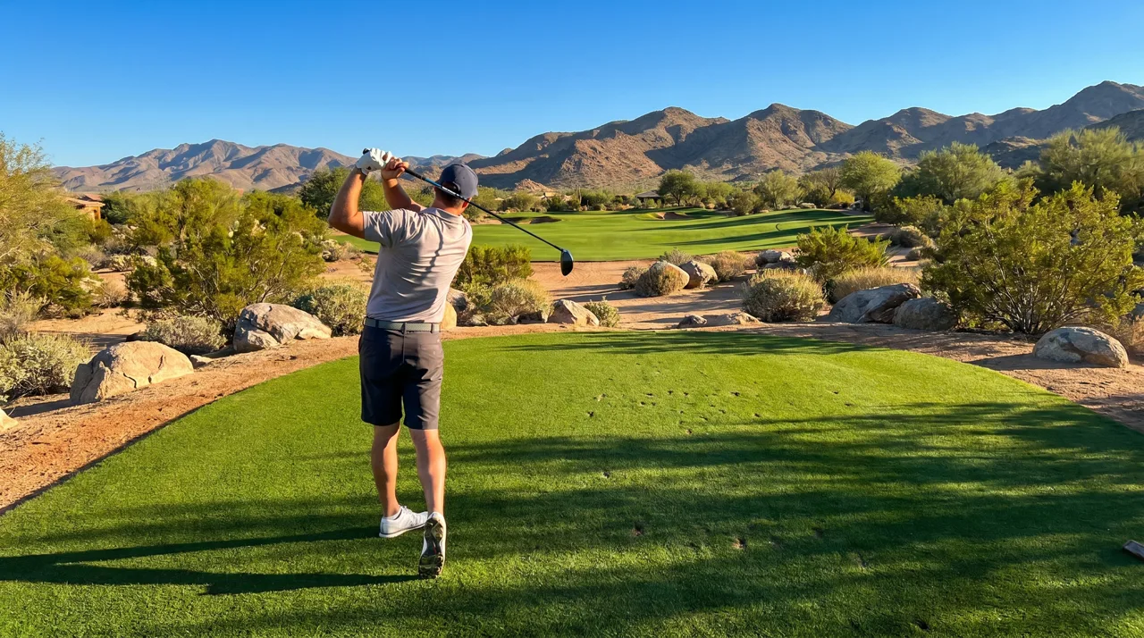 Golfer mid-swing on a desert-style golf course in Las Vegas with mountains in the background