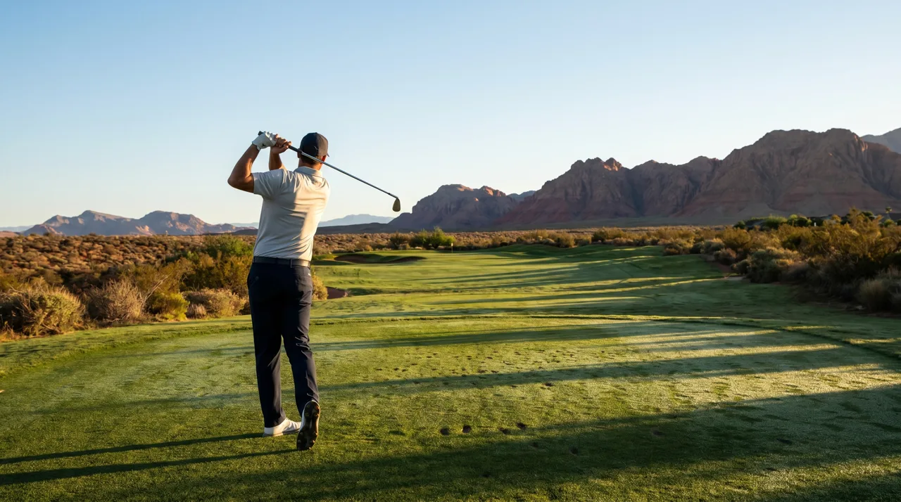 Golfer mid-swing seen from behind on a desert golf course fairway in the morning