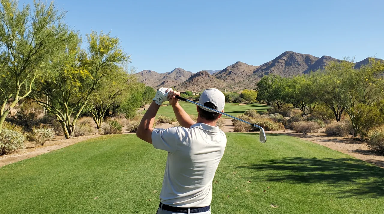 Golfer mid-swing on a Las Vegas desert golf course in bright daylight