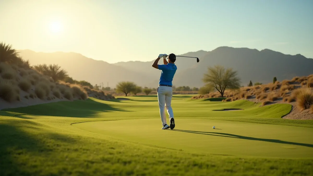 Golfer swinging on fairway in Las Vegas desert landscape, morning light.