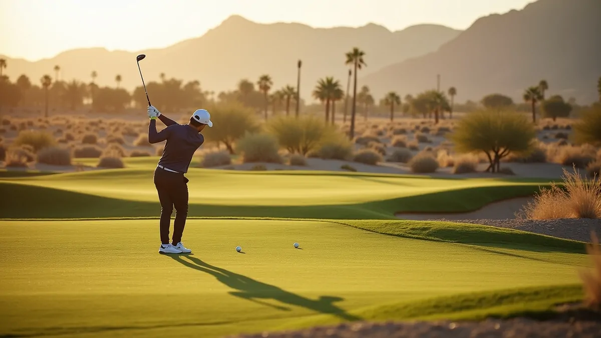 A golfer swinging on a Las Vegas desert golf course in morning light