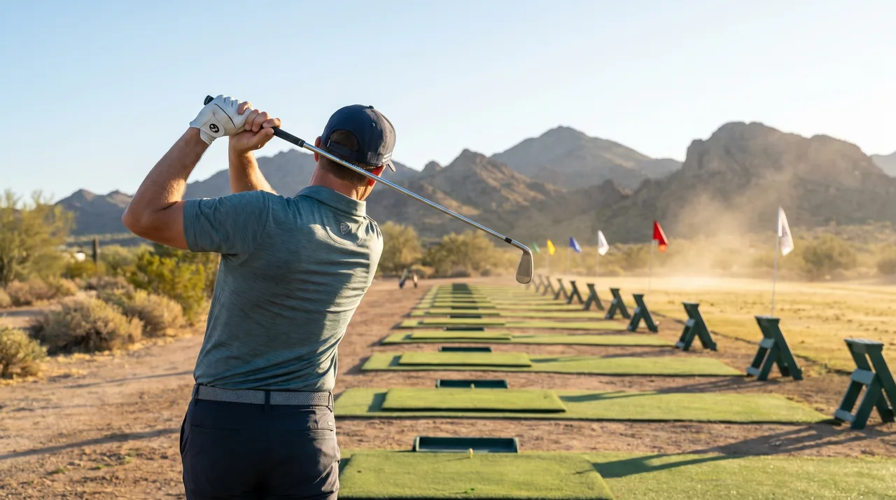 A golfer practicing a swing on a desert driving range near Las Vegas