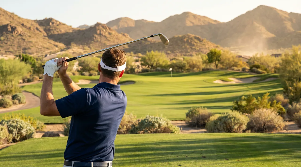 Golfer addressing the ball on a desert golf course tee box on a sunny afternoon