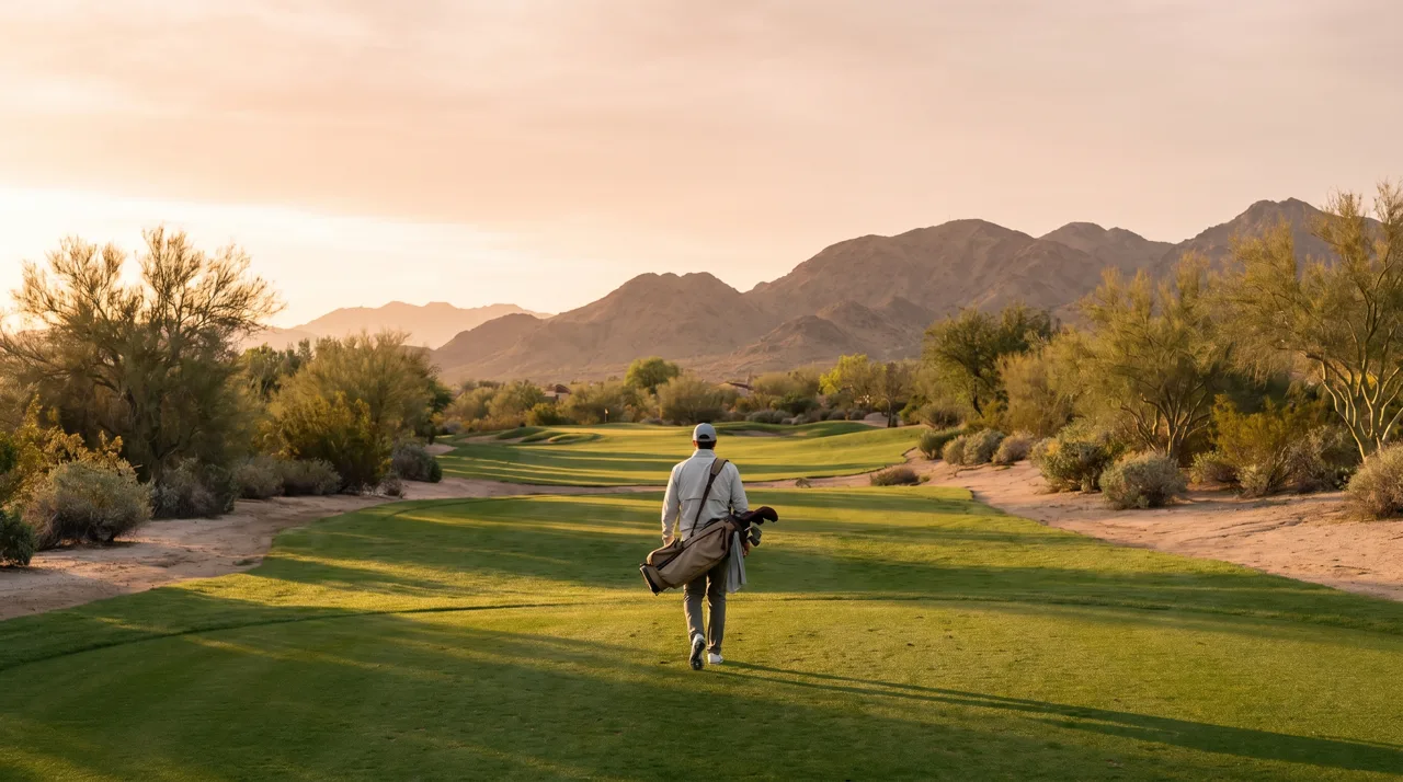A golfer walking down a desert golf course fairway in early morning light