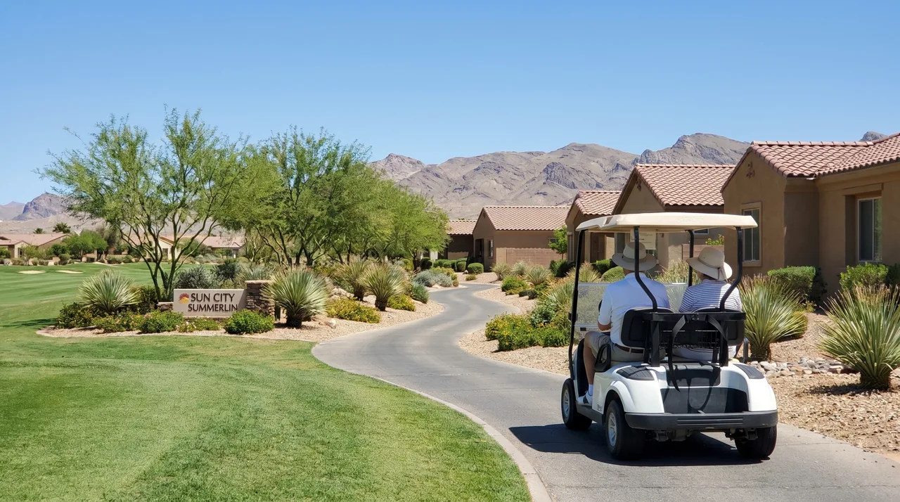 Two golfers riding a golf cart through a Las Vegas active adult community with desert mountains in the background