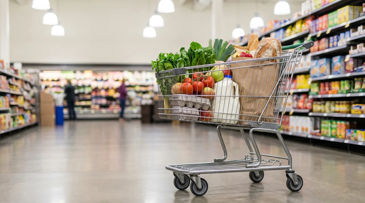 Shopping cart filled with fresh produce and groceries in a supermarket aisle