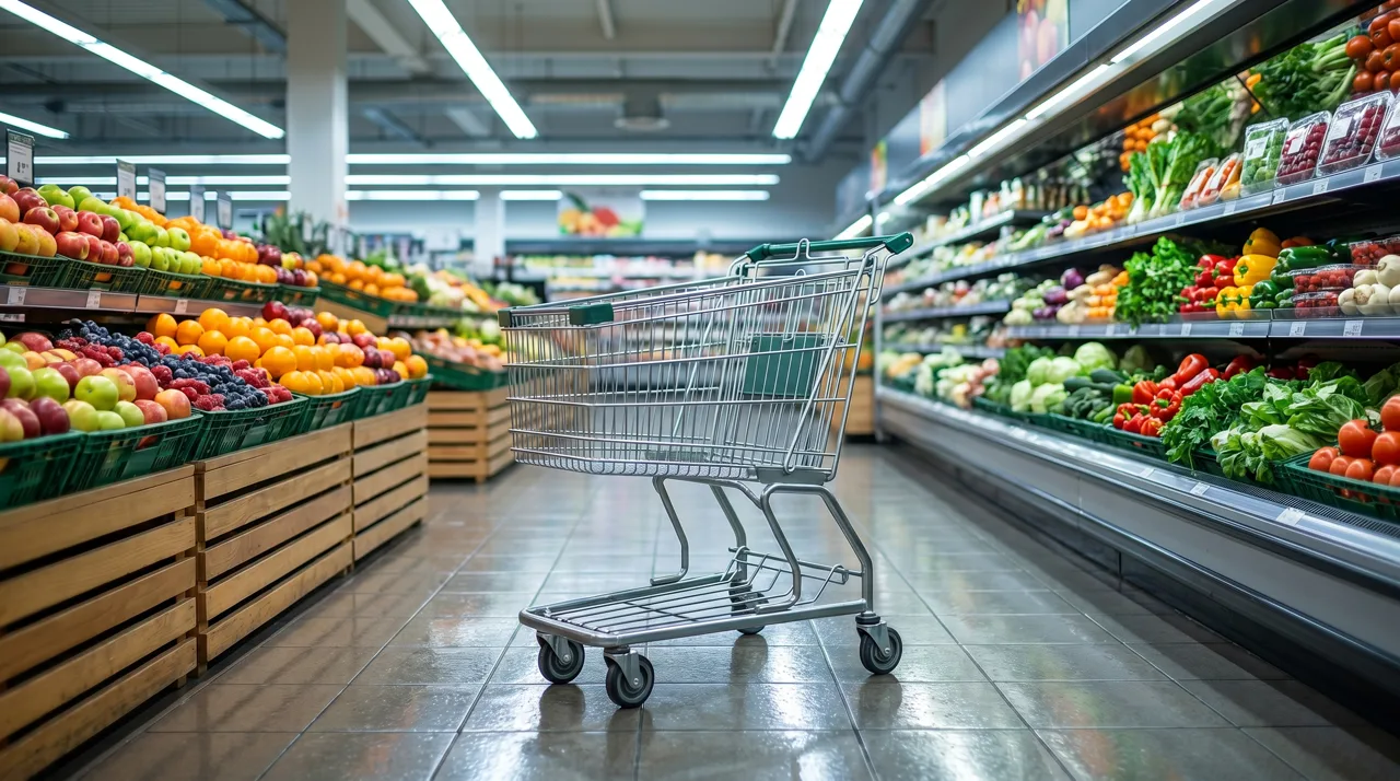 Shopping cart parked in a brightly lit grocery store produce aisle filled with fresh fruits and vegetables