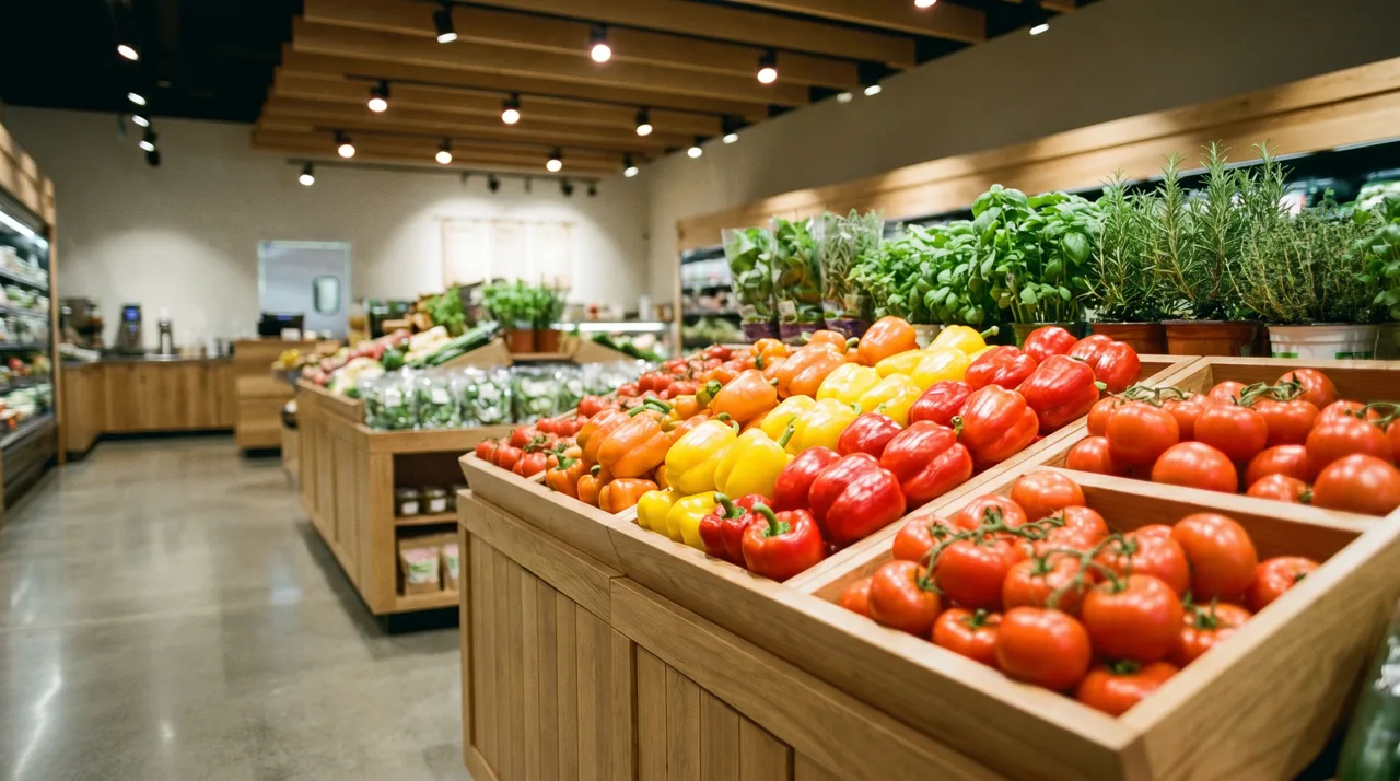 Bright bell peppers and tomatoes on display at a grocery store produce section