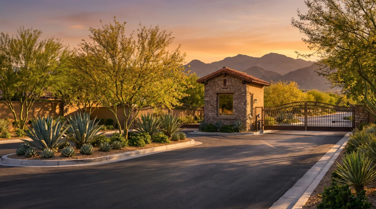 Guard gate entrance to a Las Vegas gated community at sunset
