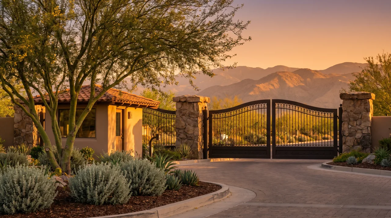 Guard-gated luxury community entrance with stone pillars and wrought-iron gates at sunset in the Las Vegas area