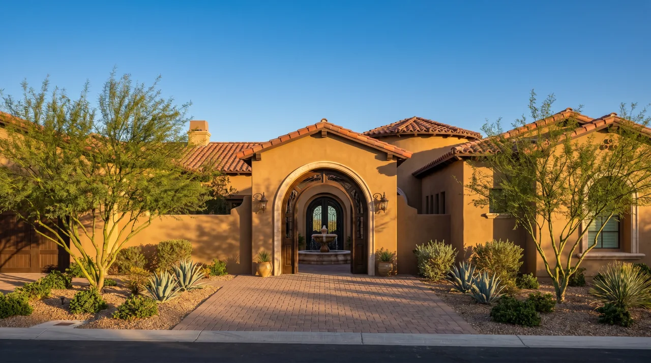 Hacienda-style luxury home with terracotta tile roof, stucco walls, and desert landscaping