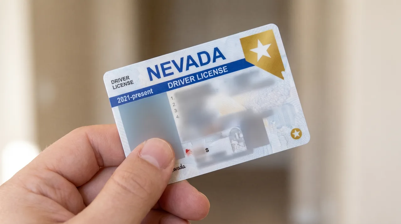 A hand holding a Nevada driver's license with the gold REAL ID star visible in the upper corner