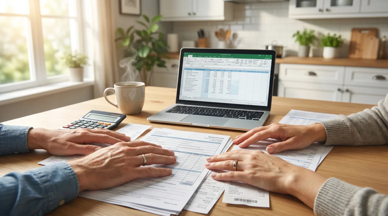 Hands at a kitchen table with paperwork, a calculator, and a laptop, reviewing household finances