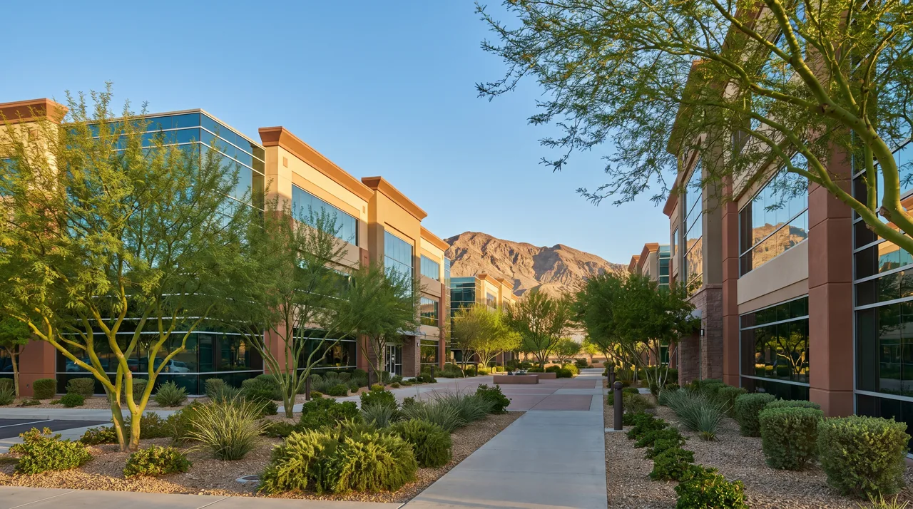 Modern suburban business park with office buildings and desert mountains