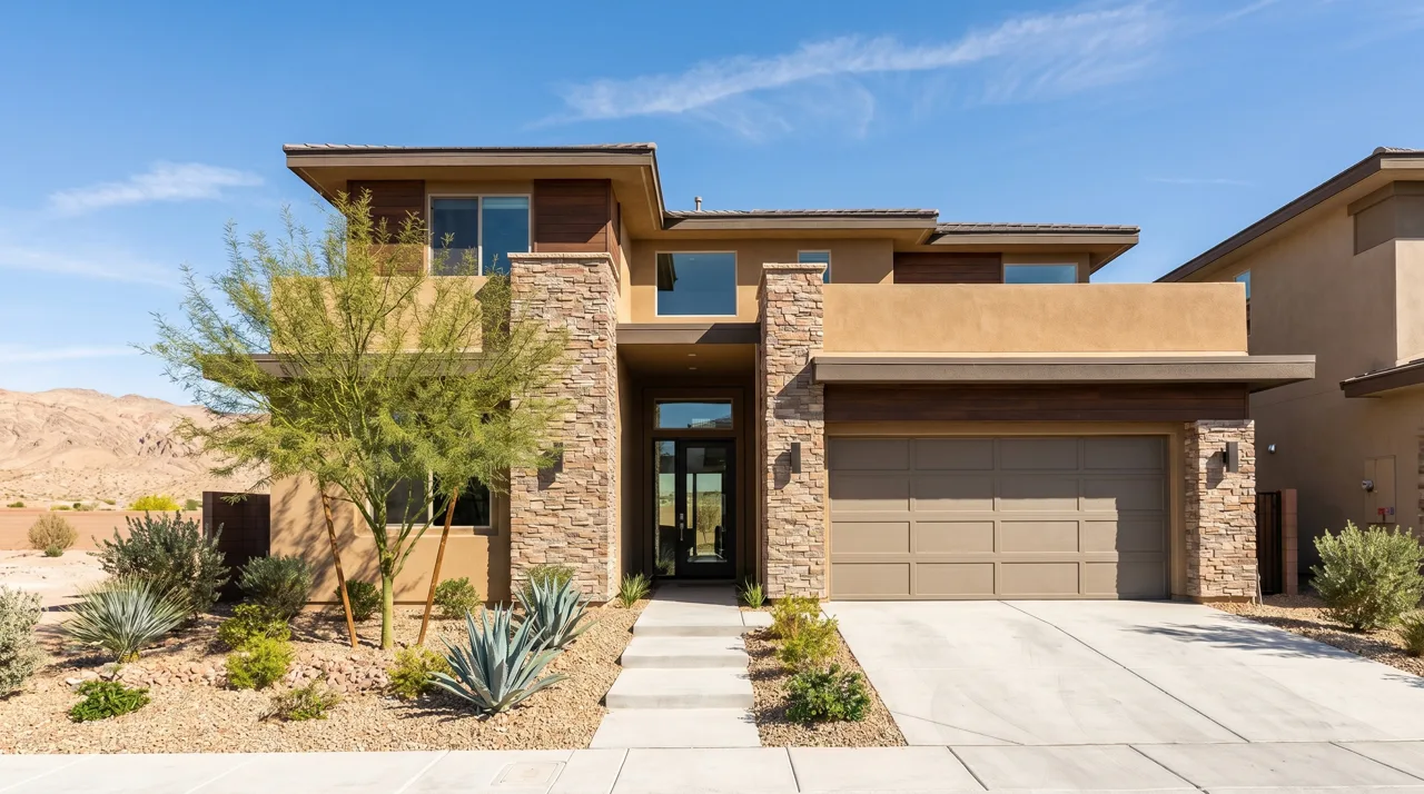 Modern desert-contemporary single family home in a Henderson master-planned community with landscaped front yard