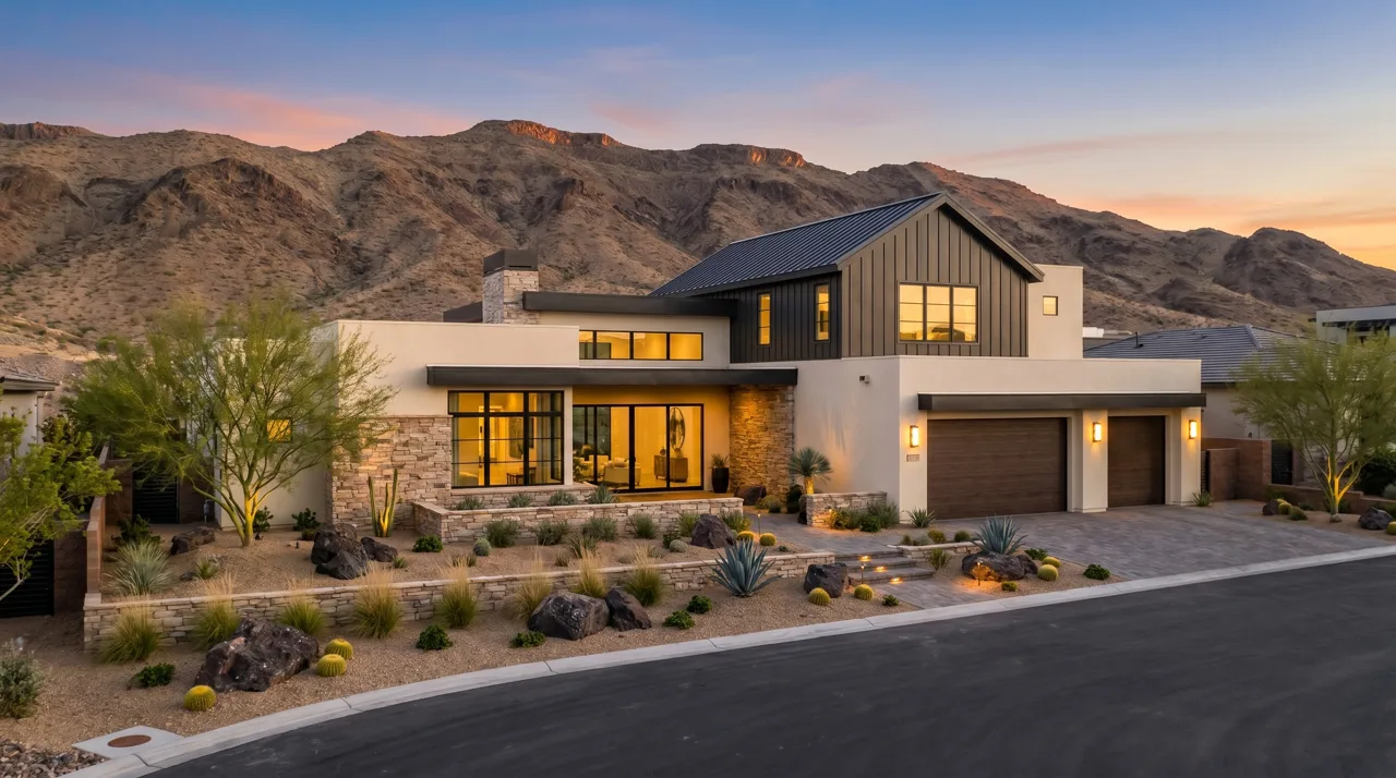 Modern desert contemporary luxury home in a Henderson gated community with mountain views