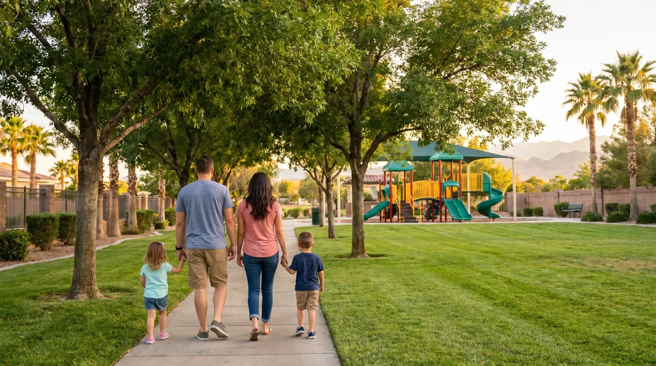 Family walking through a Henderson community park with a playground and trees in the background