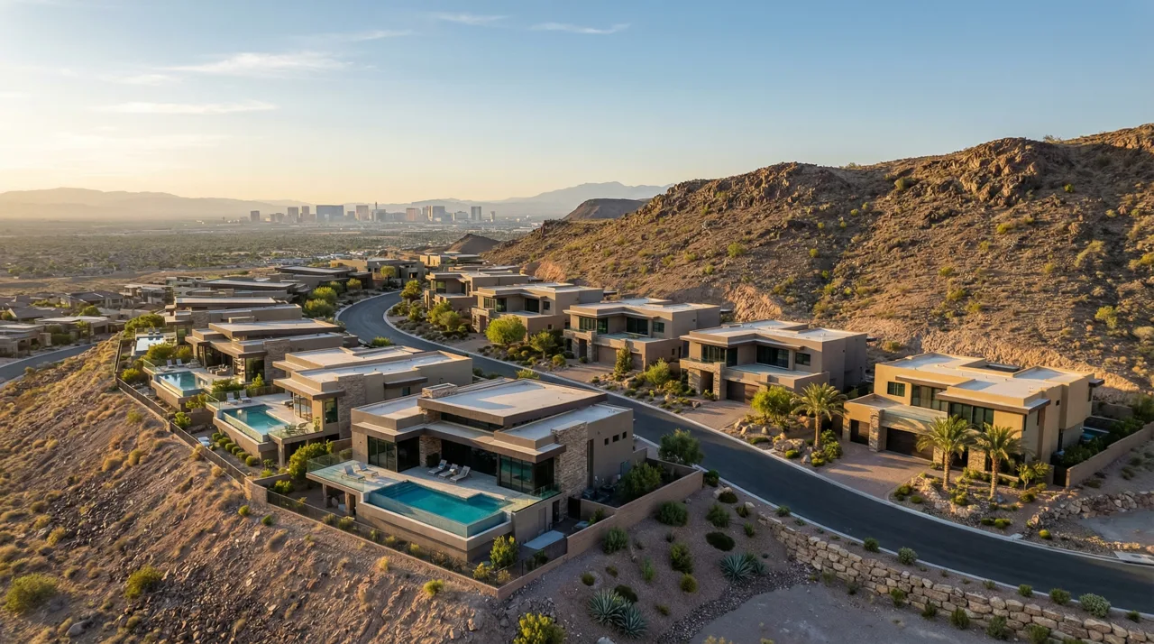 Aerial view of luxury homes terraced into the Henderson mountainside with the Las Vegas valley below