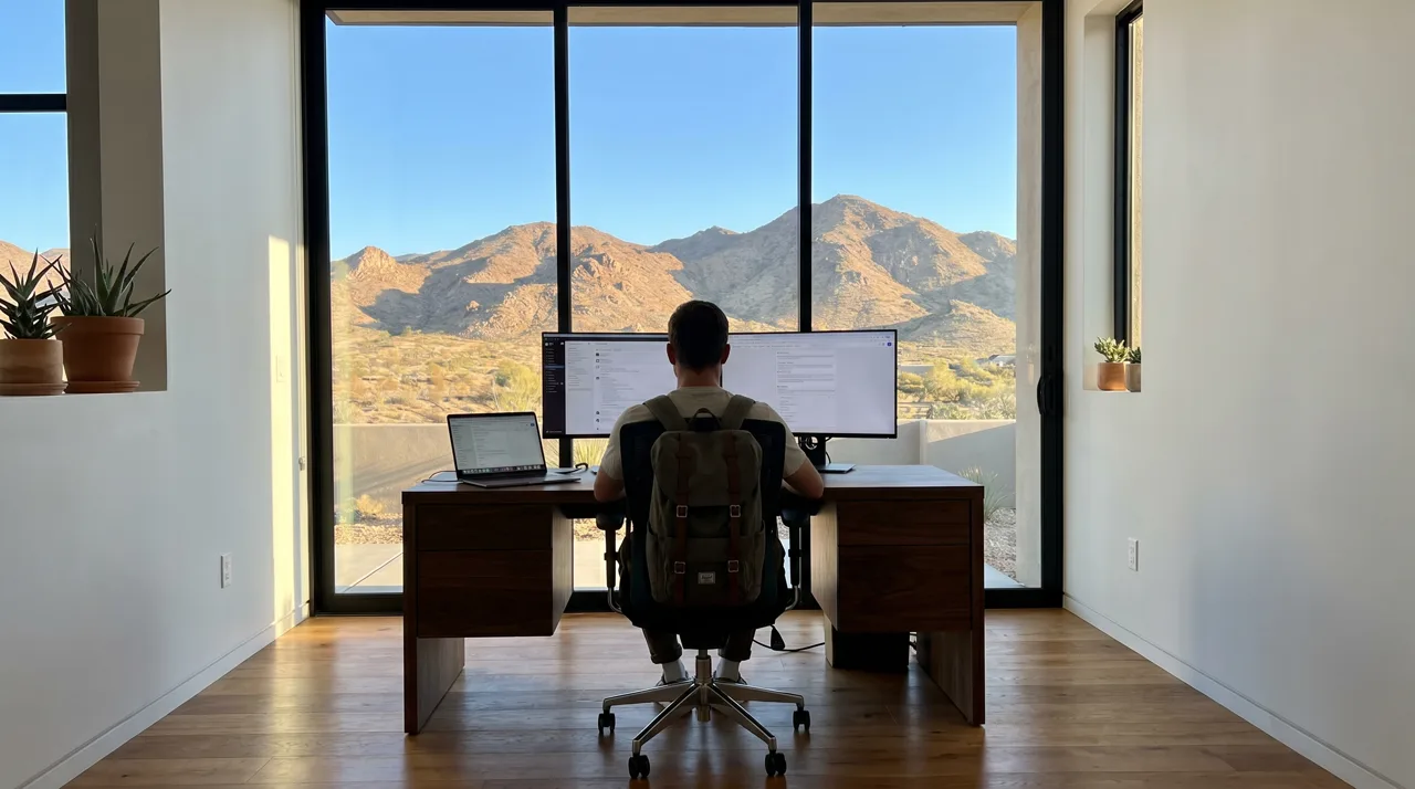 Person working remotely at a modern home office desk with desert mountain views through a large window