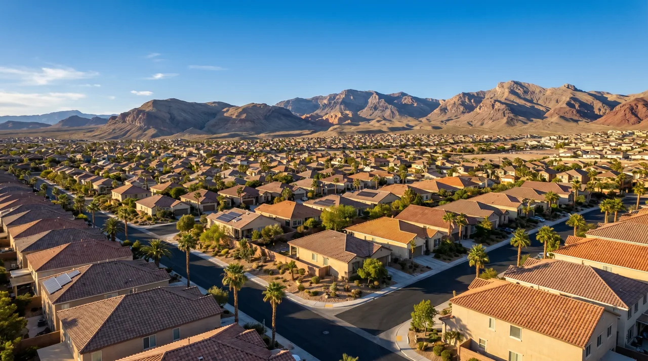 Aerial view of a Henderson, Nevada master-planned community with rooftops stretching toward distant mountains